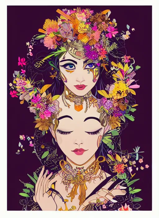 Image similar to !!! very coherent!!! vector art, beautiful floralpunk balinese cyborg portrait girl female illustration detailed patterns art of bali traditional dress, hands wearing gloves, flower pop art, floral splash painting, art by ashley wood, alphonse mucha, makoto shinkai, geof darrow, dark shadow