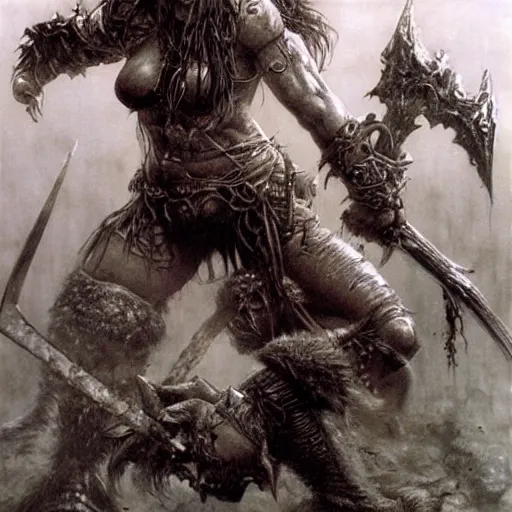 Image similar to barbarian girl fighting orcs by Luis Royo and Beksinski