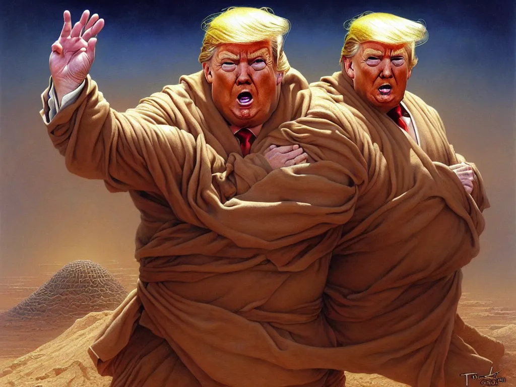 Prompt: Donald trump playing baron harkonnen in Dune, highly detailed realistic painting by Tomasz Alen Kopera and hajime sorayama and carl spitzweg