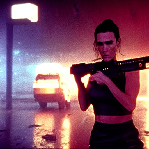 Prompt: jennifer connelly starring in a cyberpunk movie in a distopic futuristic city in the style of bladerunner, wearing a cropped black tank top, black boy shorts and black boots, firing a gun, muzzle flash, movie still, highly detailed, rainy night, volumetric lights, dramatic, scifi, sharp focus