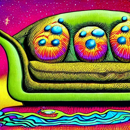 Image similar to psychedelic couch sofa in the lush forest, guitar, milky way, designed by moebius, rob gonsalves, gustav dore, giuseppe arcimboldo and carl barks, louis wain, trending on artstation, canada, star, sharp focus, colorful refracted sparkles and lines, soft light, 8 k 4 k