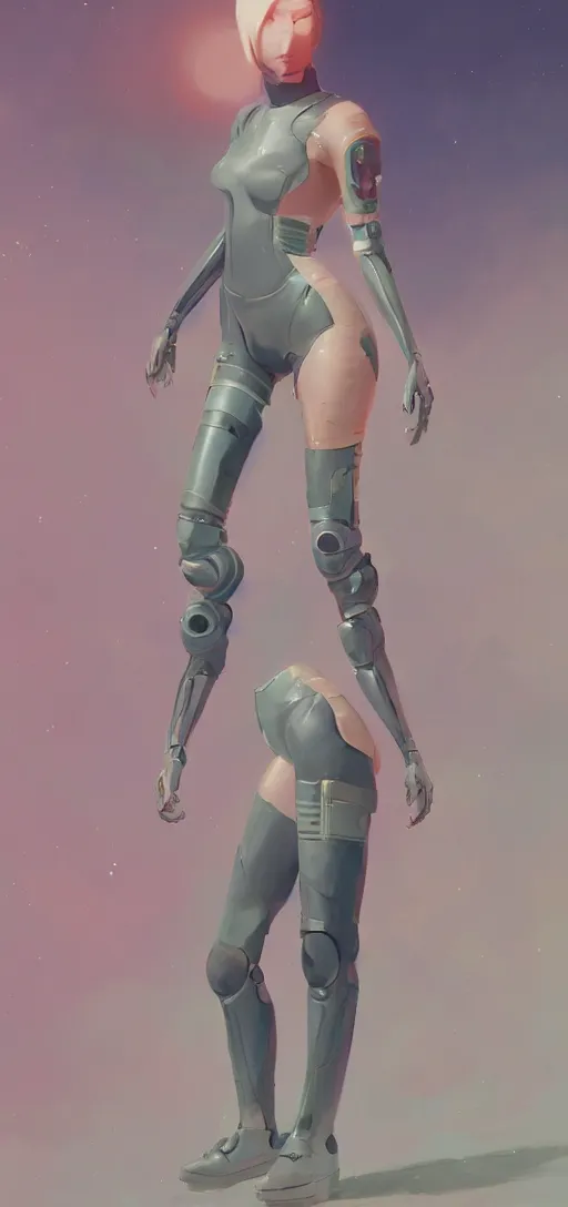 Image similar to sci fi female character, muted colored bodysuit, sci-fi large mechanical boots that go up to the thigh, soft lighting, wojtek fus, by Makoto Shinkai and Ilya Kuvshinov,