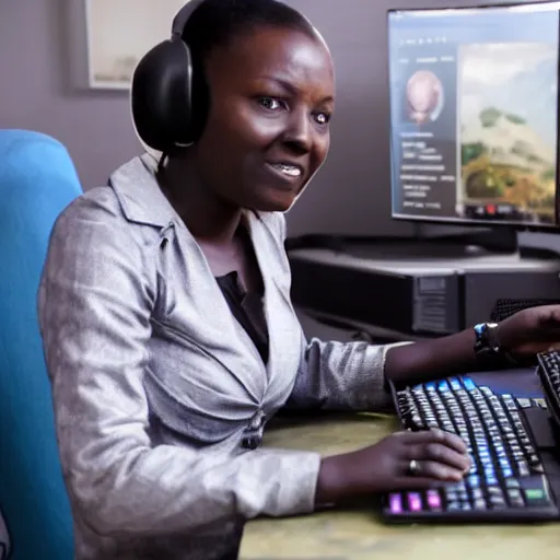 Image similar to A Kenyan businesswoman playing CS:GO on her computer, over the shoulder view