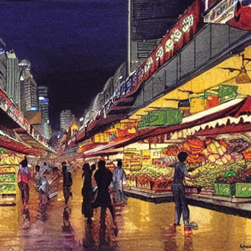 Image similar to concept art of a singaporean wet market at night, by moebius