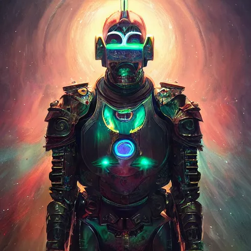 Prompt: portrait of an evil robotic man as a paladin in full shining armor with one beautiful green glowing eye, oil painting, digital painting, intricate detail, vivid color, neon color, artwork by ross tran + raymond swanland, background artwork by steven outram