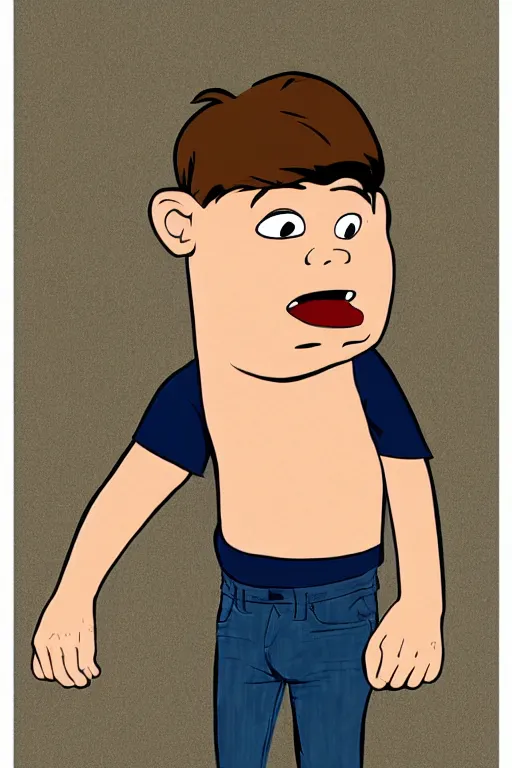 Image similar to Full body portrait of a short!, overweight!! teenage boy, medium length brown hair and fringe, eyes half closed, mouth open, not intelligent, standing in road, cartoon by Jamie Hewlett, cel shaded, Trending artstation, deviantart, digital art