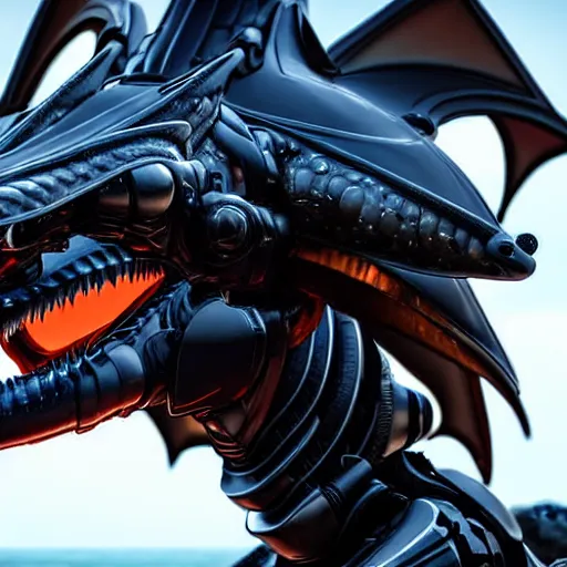 Image similar to close up maw shot of a cute stunning robot anthropomorphic female dragon, with sleek silver armor, a black OLED visor over the eyes, looking at the camera, her dragon maw open in front of the camera, camera looking down into the maw, seeing the gullet, tongue, and teeth, about to consume you, on the beach at sunset, highly detailed digital art, furry art, anthro art, sci fi, warframe art, destiny art, high quality, 3D realistic, mawshot, dragon art, Furaffinity, Deviantart