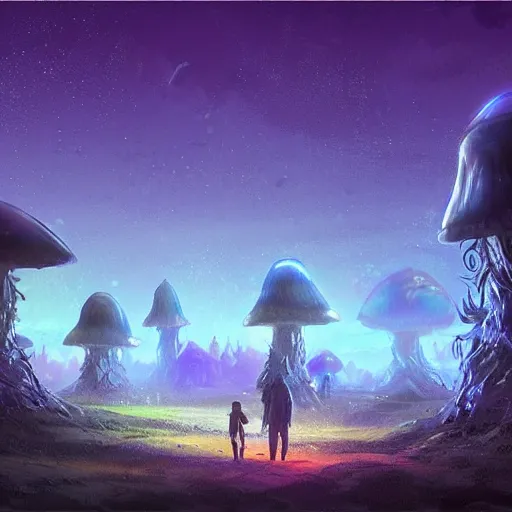 Image similar to concept art painting of a fantasy alien nighttime landscape of houses made of mushrooms, with glowing blue lights, dark purple sky, realistic, detailed, cel shaded, in the style of makoto shinkai and greg rutkowski and albert bierstadt and james gurney