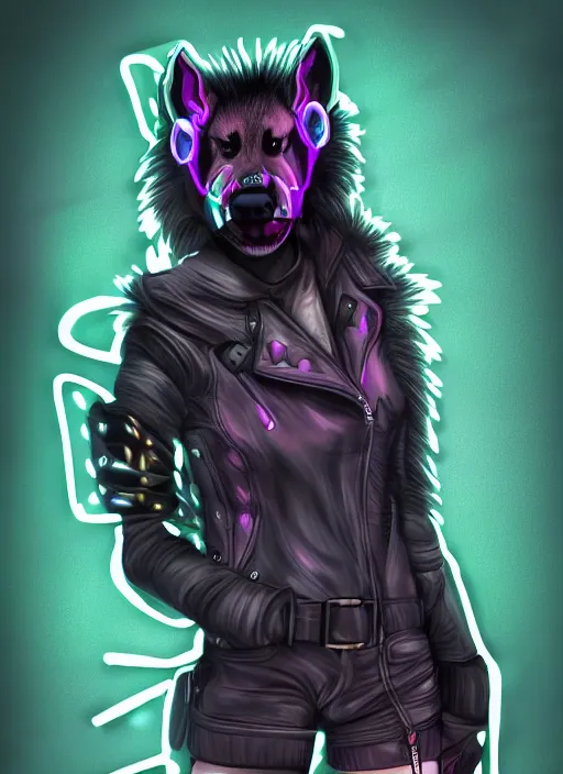 Image similar to cell shaded digital drawing of anthromorphic hyena female, fursona, furry fandom, neon rainy cyberpunk setting, anthro, wearing cyberpunk leather jacket, detailed face,