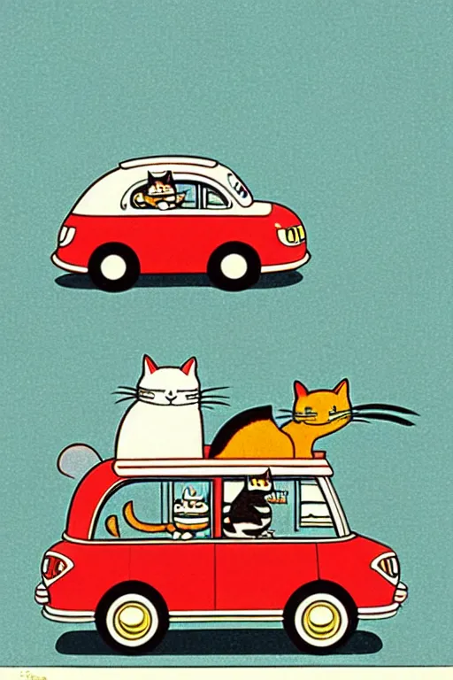 Image similar to by richard scarry. a cat shaped car. a 1 9 5 0 s retro illustration. studio ghibli. muted colors, detailed