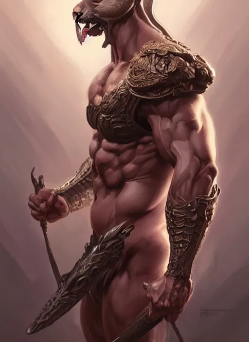 Image similar to portrait of aggressive bunny humanoid, d & d, muscular! fantasy, intricate, elegant, highly detailed, digital painting, artstation, concept art, smooth, sharp focus, illustration, art by artgerm and greg rutkowski and alphonse mucha