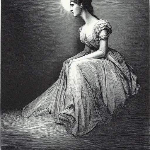 Prompt: side portrait of a victorian lady, widow, dramatic clouds, moon, depth, shadow, dramatic light, Chiaroscuro, illustration by Gustave Doré