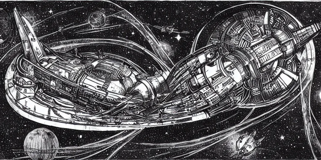 Prompt: atompunk space ship sailing the infinite cosmos, grand scale, raygun gothic style, astrophysics, mathematical drawing, painting by h. r. giger