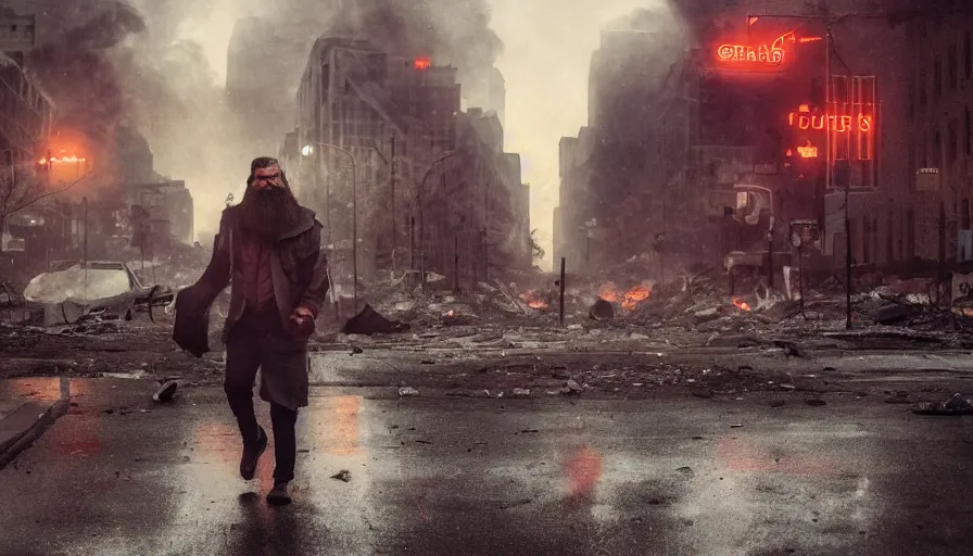 Image similar to bearded man crossing streets of destroyed washington dc city, evening, blackout, fire in barrels, food storage, hyperdetailed, artstation, cgsociety, 8 k