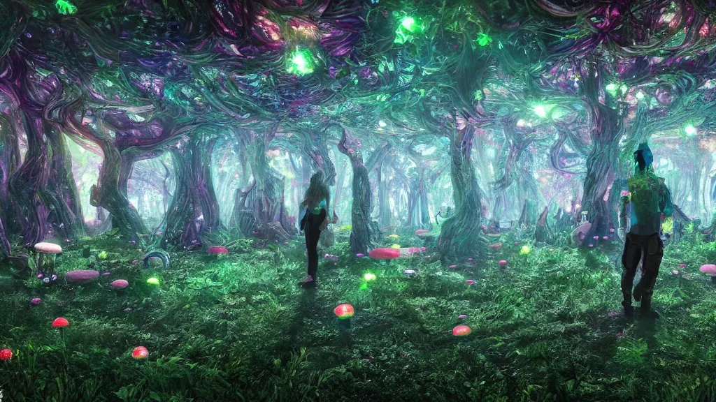Prompt: 8k, acid trip, hall of mirrors, ultra detailed, a hyperrealistic image of a mycelium forest with neon glowing mushrooms, with magical creatures, trending on patreon, artstation, deviantart. Unreal engine