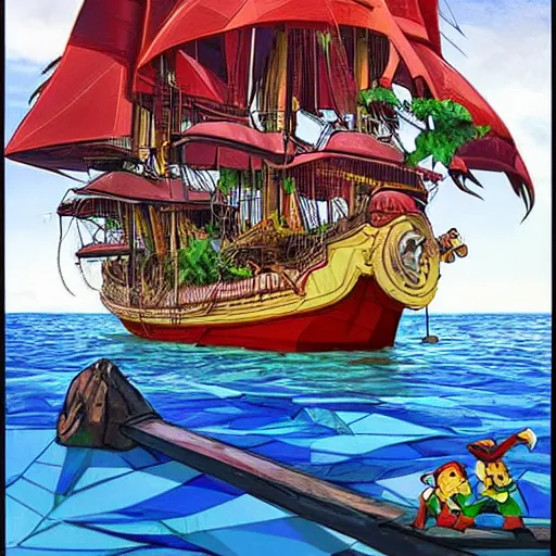 Prompt: a pirate ship with a green fruit tree in the middle of its deck, water surrounds the ship, bold colours, low - poly, deep depth, disney cartoon, art by john cassaday,