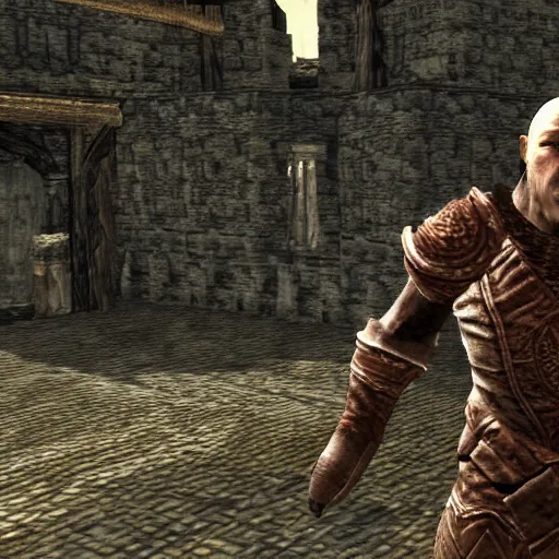 Image similar to attacking screenshot of george st. pierre in morrowind, imperial armor, pc graphics, npc talking, wilderness, 7 2 0 p, elder scrolls iii, detailed, dialog text