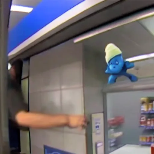 Prompt: security camera footage of a smurf breaking into a convenience store.