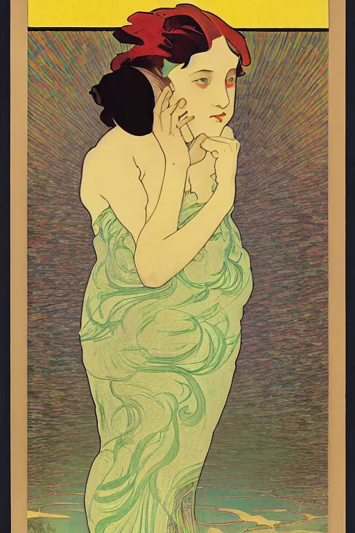 Prompt: The lonely stoner seems to free his mind at night, by Tadanori Yokoo, Alphonse Mucha, Hannah Hoch