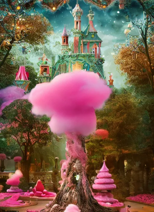 Image similar to Magical enchanted mansion on a candy biome full of oddities made by genshin impact, cotton candy trees, cinematic shot, intricate, ornate, photorealistic, ultra detailed, realistic, 100mm, photography, octane, high definition, depth of field, bokeh, 8k, artstation