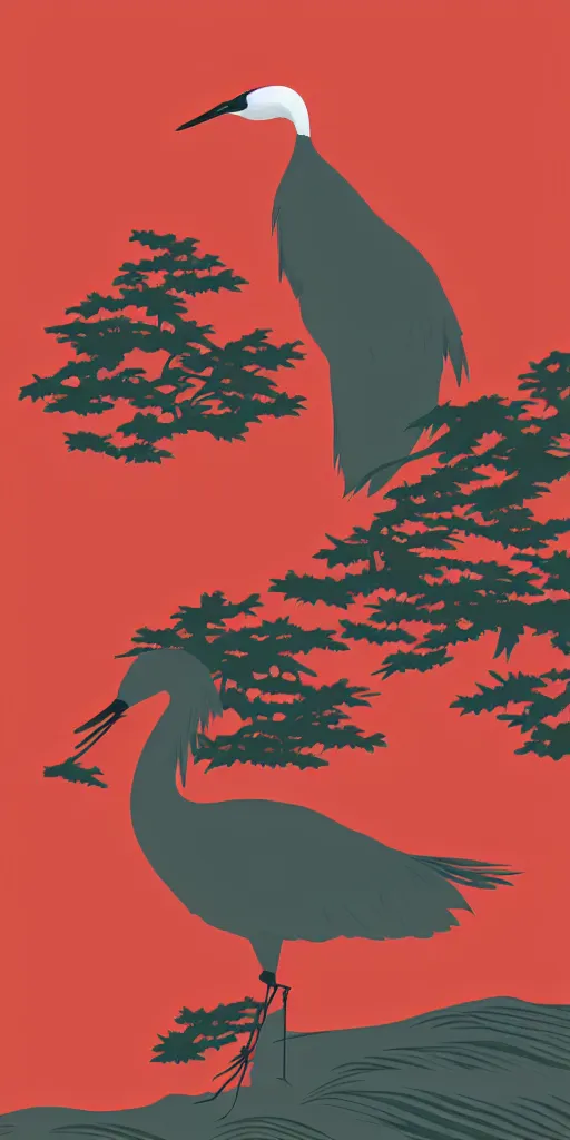 Prompt: a portrait of japanese crane walking into a forest of japanese pines, a big red sun in the background, logo design, fresh modern style, responsive, front card design, thick vector line art, trending on behance, stunning, matte