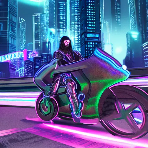 Prompt: cyberpunk jesus on a futuristic motorcyle, in front of a mega city, volumetric lights, moon shine, neon lights, highly detailed, hand drawn, unreal engine
