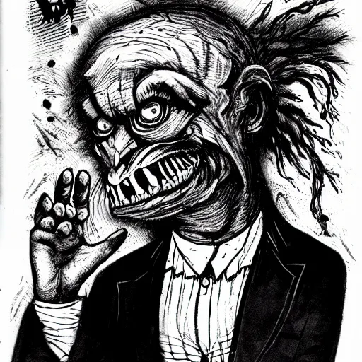 Image similar to a Pop Wonder scary horror themed goofy-hilarious-swamp-bog-monster-spaced-out-dead-head-with-space-in-his-oraphus, 3-piece-suit, dime-store-comic drawn with charcoal and pen and ink, half-tone-line-stacking