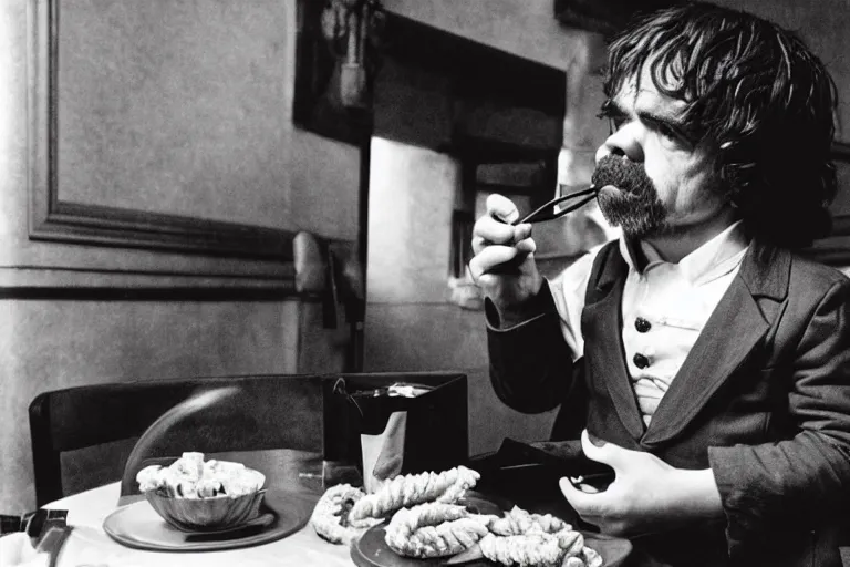 Image similar to peter dinklage at arbys eating curled fries, in the style of eugene atget and peter witkin