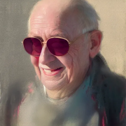 Prompt: a portrait of a happy old man, pink sunglasses by ruan jia