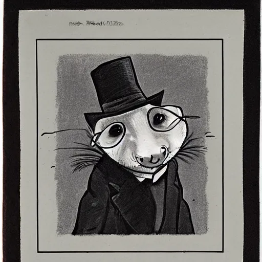 Image similar to a portrait of a jaunty gentleman ferret wearing a monocle by edward gorey