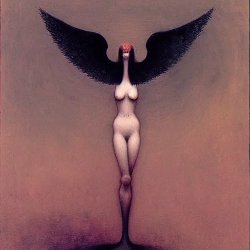 Image similar to bird girl with black wings by Beksinski