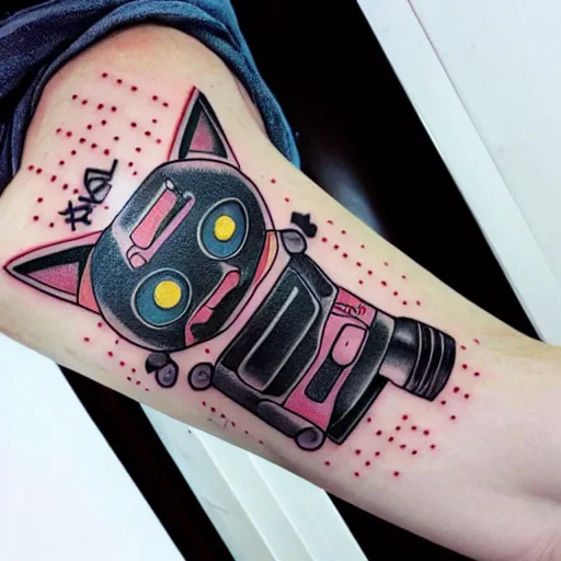Prompt: Anime manga robot cat, tattoo on upper arm