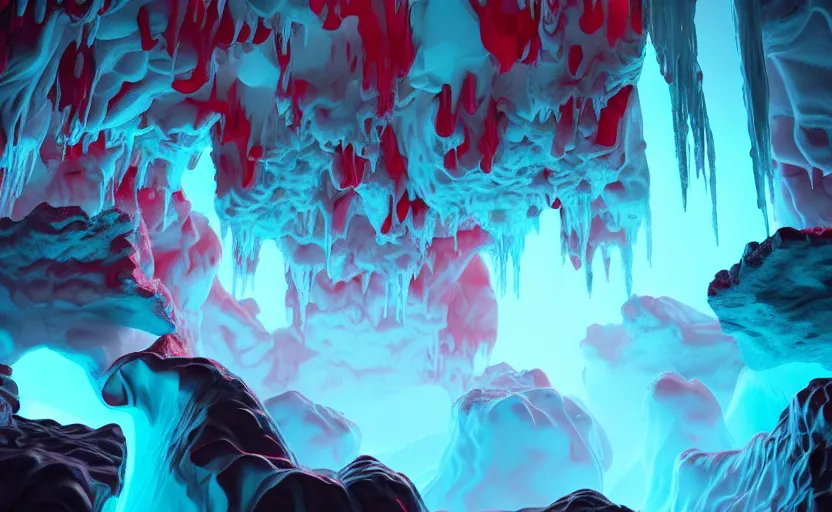 Image similar to liquid nitrogen and with red water-cooling coolant flowing through latent representations of ice caverns by centrifugal forces, gaming pc RGB components sticking out the walls!!!!, high detail, high contrast, low-poly elements!!!, trending on artstation, octane render, subsurface scattering, 4k