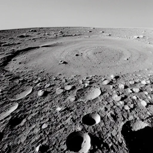 Image similar to alien spaceship ruins on the moon, large crater, earth in the background