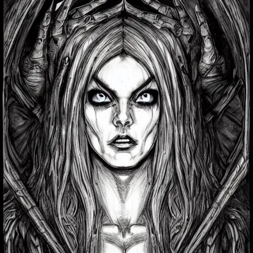 Image similar to dark elf sorceress who is summoning a demon in the style of warhammer fantasy : : head and shoulders drawing