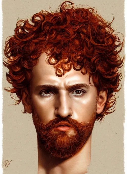 Prompt: illustration of a short curly orange hair man as a portrait, smooth, reflects, masterpiece artwork, ultra detailed, artgerm, style by karl marx, digital art, trending on artstation, behance, deviantart