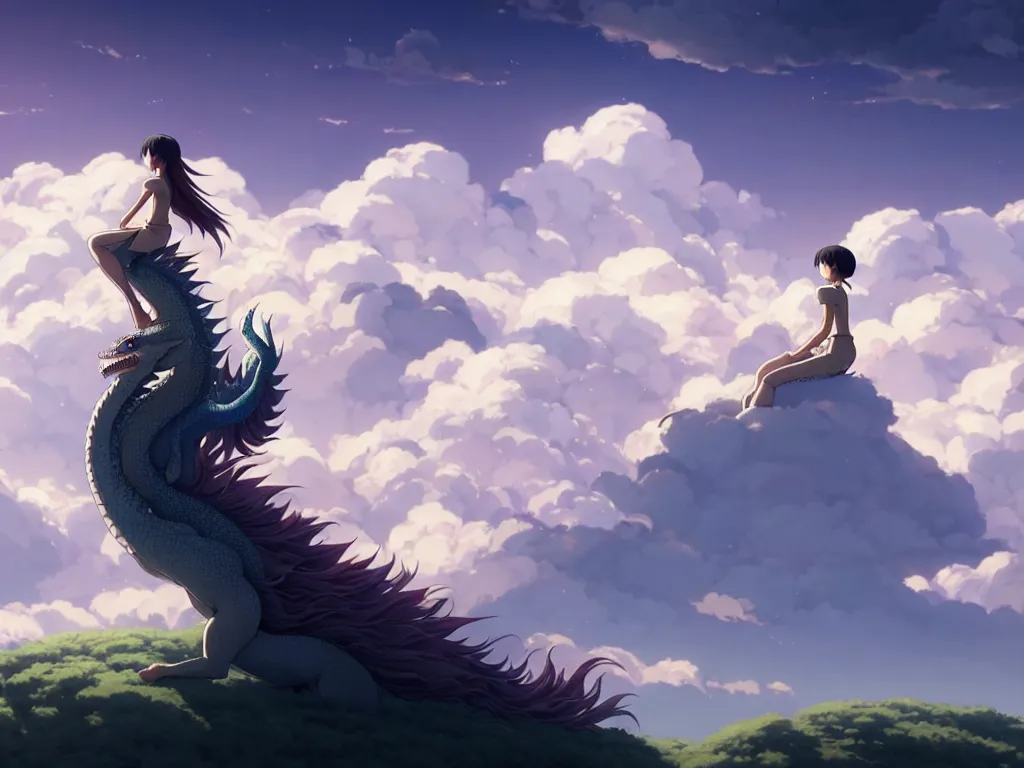 Image similar to a vast scene, panorama distant view, hyper detailed scene render of a beautiful girl sit on a huge silver dragon back, in the white clouds fairyland, animation portrait concept art, style of makoto shinkai, xision, james jean and peter mohrbacher, studio ghibli, artgerm, karol bak, beeple, 4 k hd, animation style