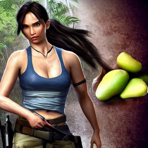 Image similar to Lara croft eating durian