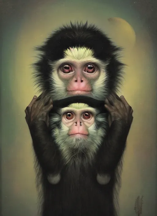 Image similar to an unnerving portrait of a marmoset monkey with pitch black eyes and short blond hair, art tom bagshaw
