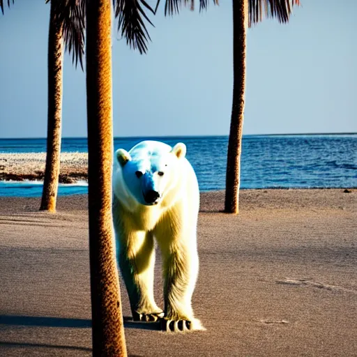 Prompt: a photo of a really skinny polar bear on a tiny pacific island, beautiful desert island with coconut trees, ultra detailed, 50mm f/1.4, national geographic