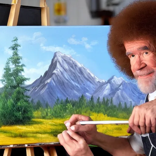 Image similar to a closeup photorealistic photograph of bob ross working on a canvas painting of cookie monster. film still. brightly lit scene. mountains and trees. this 4 k hd image is trending on artstation, featured on behance, well - rendered, extra crisp, features intricate detail, epic composition and the style of unreal engine.