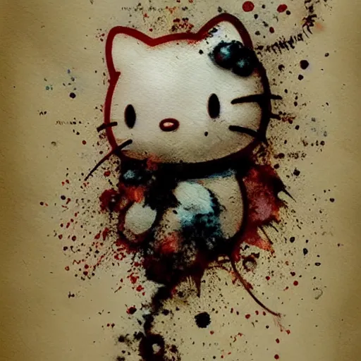 Image similar to vicious roaring hello kitty by Jean-Baptiste Monge, post processing, painterly, book illustration watercolor granular splatter dripping paper texture. Trending on artstation, post processing, pen and ink work. sharp focus.