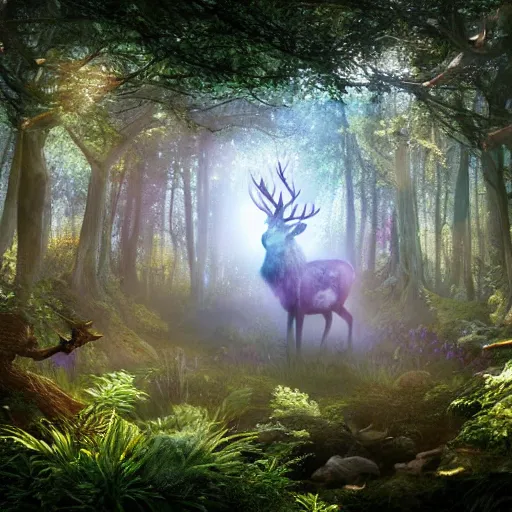 Image similar to hyper realistic beautiful fantasy elven celestial stag, in a magical and beautiful highly detailed forest background. sunlight rays throught the trees. concept digital art 8 k rendering.