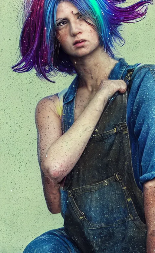 Prompt: a sexy grungy woman with rainbow hair, drunk, angry, soft eyes and narrow chin, dainty figure, long hair straight down, torn overalls, basic white background, sie boob, in the rain, wet shirt, symmetrical, single person, style of by Jordan Grimmer and greg rutkowski, crisp lines and color,