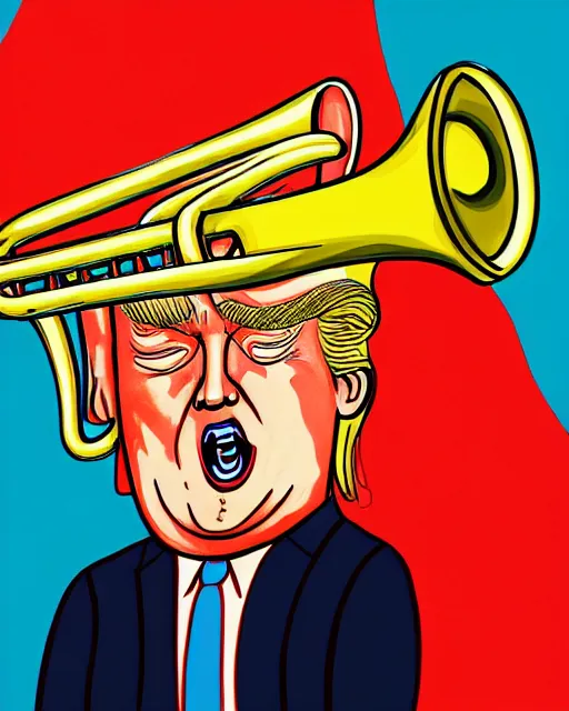 Image similar to painting portrait of trump with trumpet hair, cartoon, warm lighting, trump has hair as a trumpet, trumps hair is coming out as trumpet. movie poster, illustration by bartek fedyczak, erak note, tooth wu, neil richards, kan liu, siwoo kim, jisu choe, trending on art station