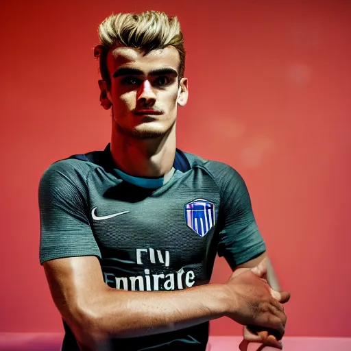 Image similar to a realistic detailed photo of a guy who is an attractive humanoid who is half robot and half humanoid, who is a male android, soccer player antoine griezmann, shiny skin, posing like a statue, blank stare, in a living room, on display, showing off his muscles