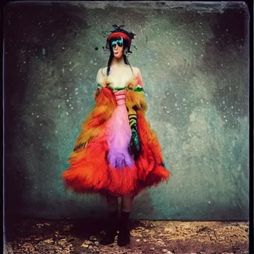 Prompt: kodak portra 4 0 0, wetplate, photo of a surreal artsy dream scene,, girl, weird fashion, grotesque, extravagant dress, carneval, animals, wtf, photographed by paolo roversi style