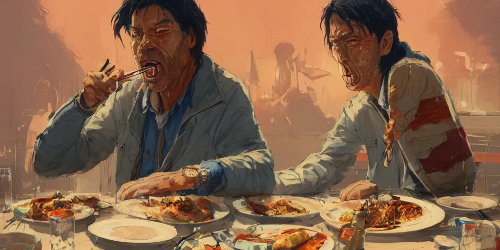 Image similar to cartoonish neil young eating dinner, vivid colors, character sheet, fine details, concept design, contrast, kim jung gi, greg rutkowski, trending on artstation, 8 k, full body, turnaround, front view, back view, ultra wide angle