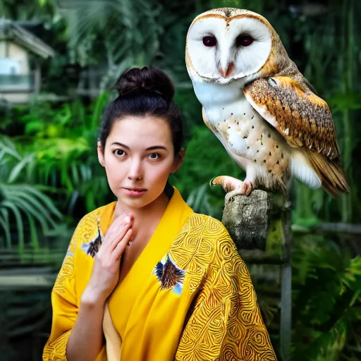 Image similar to portrait photograph of beautiful!!!! young female , symmetric face!, symmetric eyes, slight smile, natural light, wearing a yellow kimono!! with a very detailed barn owl! on her shoulder in a tropical greenhouse. looking at the camera!!. golden crown made of golden leaves. super resolution. Extremely detailed. Graflex camera!, bokeh!!!!!. by alphonse mucha.