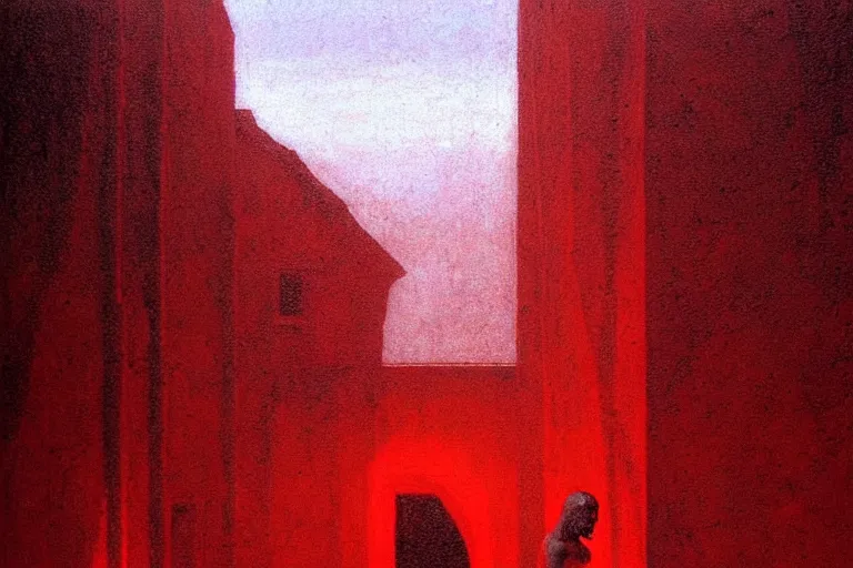 Image similar to only with red, caesar, in hoc signo vinces, rome on background, an ancient path, in the style of beksinski, part by hopper, part by rodcenko, part by hofbauer, intricate composition, red by caravaggio, insanely quality, highly detailed, masterpiece, red light, artstation